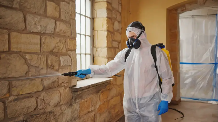 Technician in full protective equipment disinfecting a contaminated room in a Bradford property