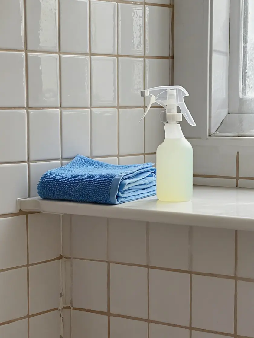 Thermal fogging machine treating a domestic bathroom