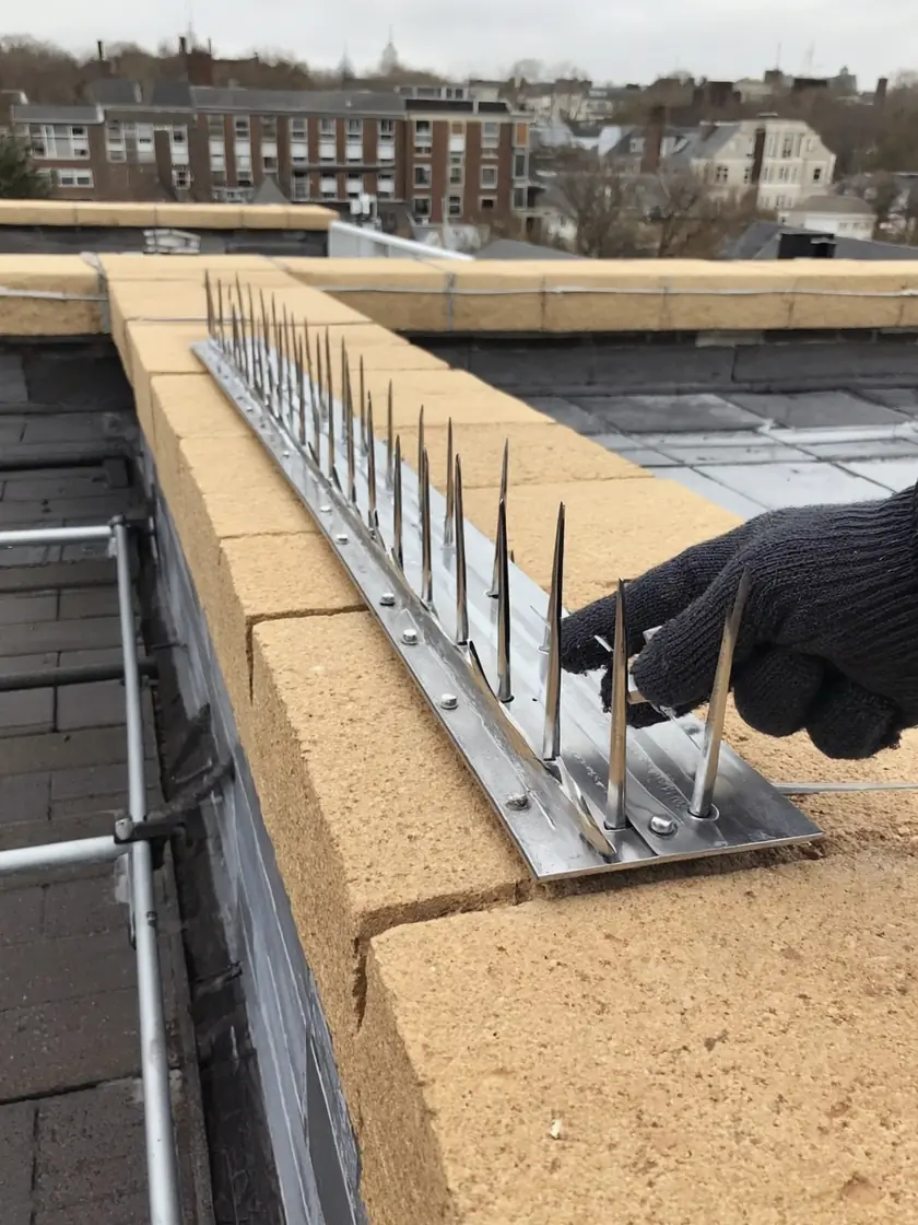 Anti-roosting bird spikes freshly installed along a rooftop parapet