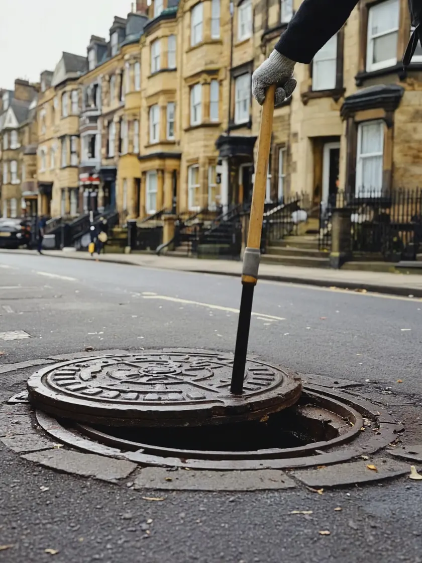 Exterior manhole inspected for a blocked drain causing a backup