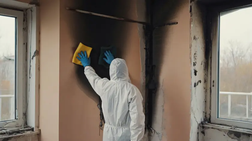 Technician cleaning heavy soot staining from a fire damaged wall