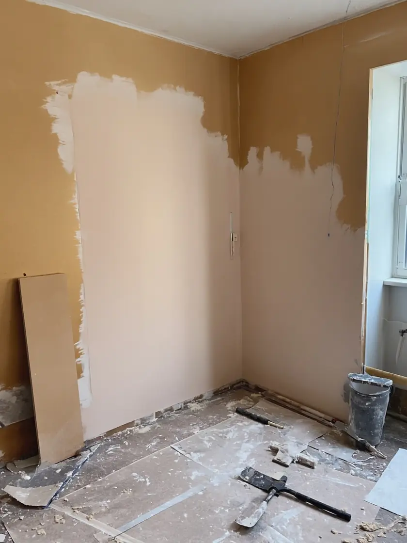 Reinstatement plastering repairs inside a fire damaged Bradford room