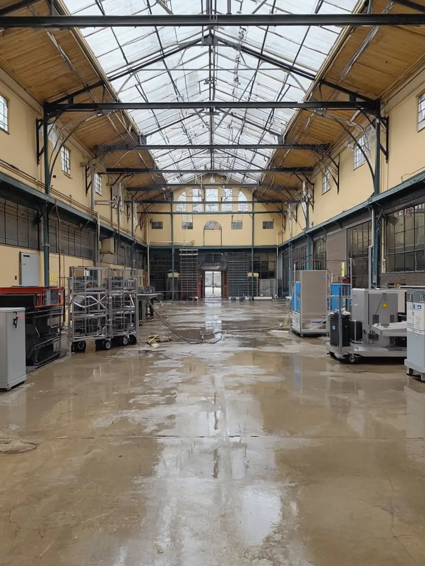 Industrial dehumidifiers running in a flood damaged commercial unit