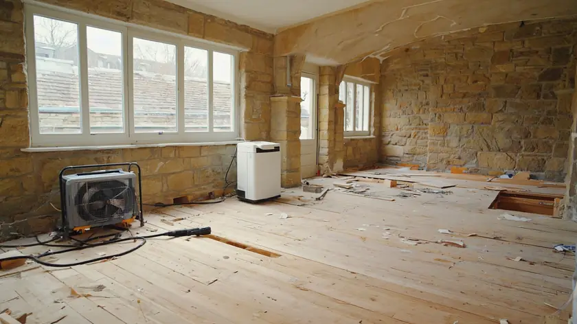 Industrial drying equipment running in a flood damaged living room