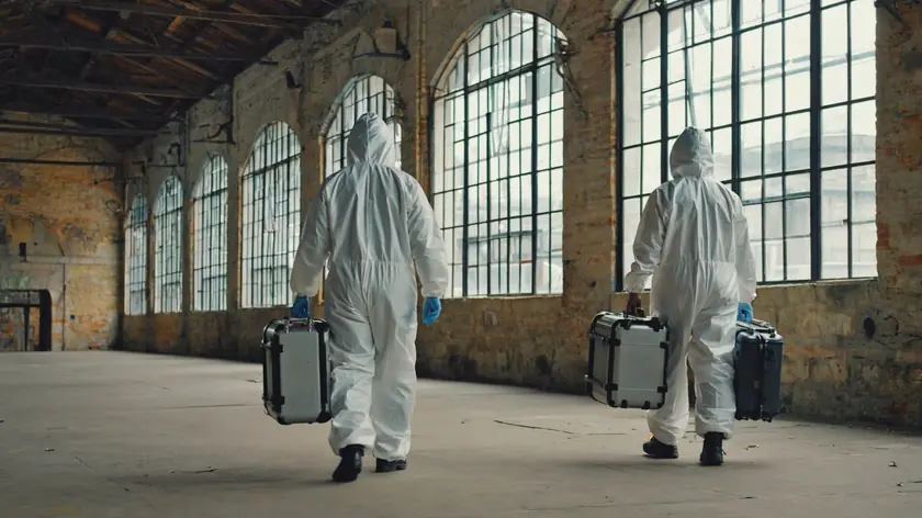 Technicians crossing a converted mill building in Bradford