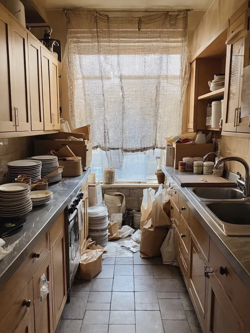 Severely cluttered kitchen before clearance