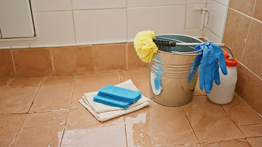 Sanitising equipment staged mid-clean on a Bradford bathroom floor