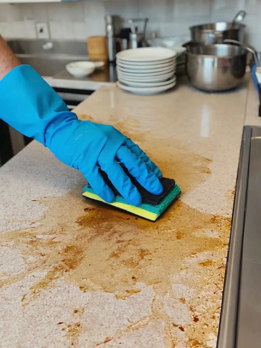 Grease-stained kitchen worktop being scrubbed back to clean