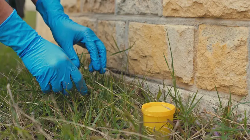 Gloved hands searching long grass for discarded sharps