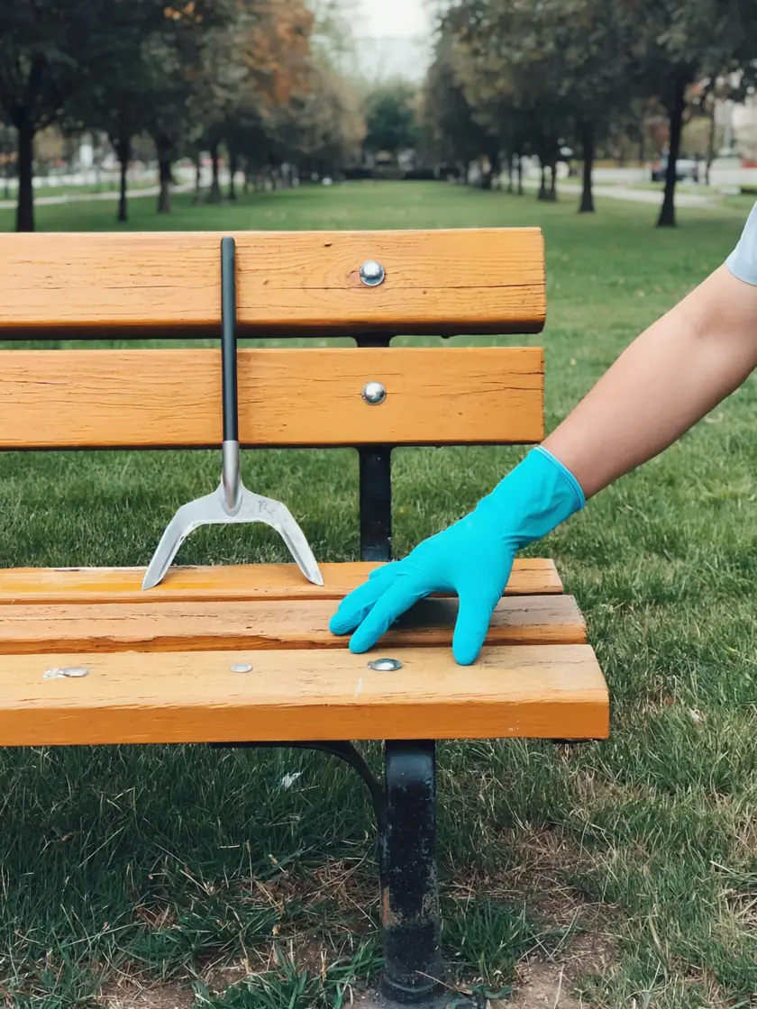 Gloved hand checking beneath a park bench in a Bradford green space