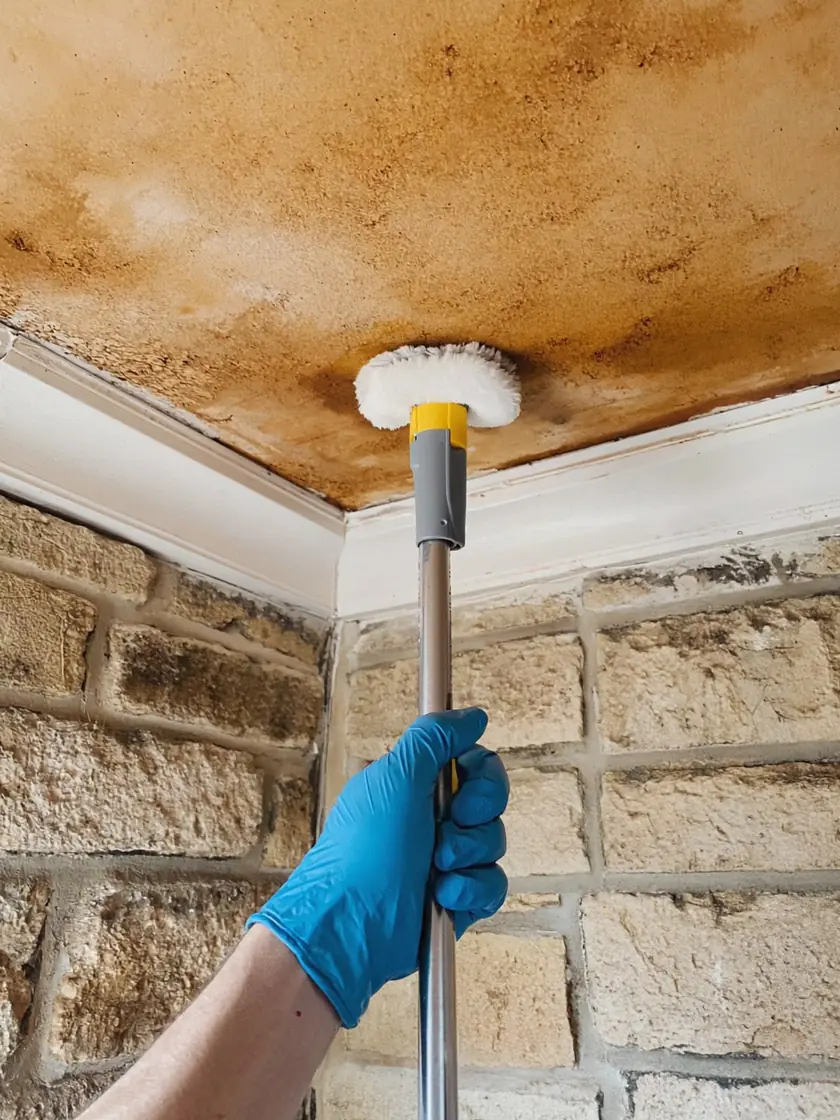 Nicotine-yellowed ceiling corner being cleaned