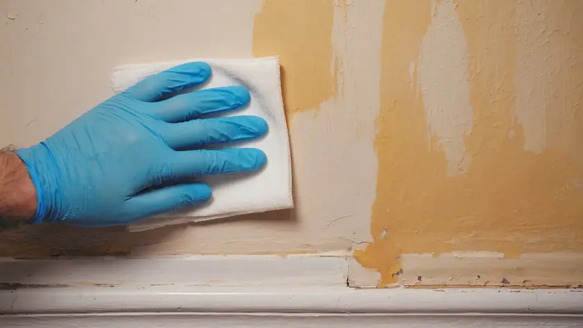 Nicotine-yellowed wall being wiped back to its original colour