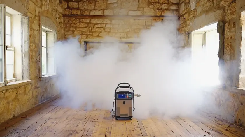 Thermal fogging machine treating an empty domestic room