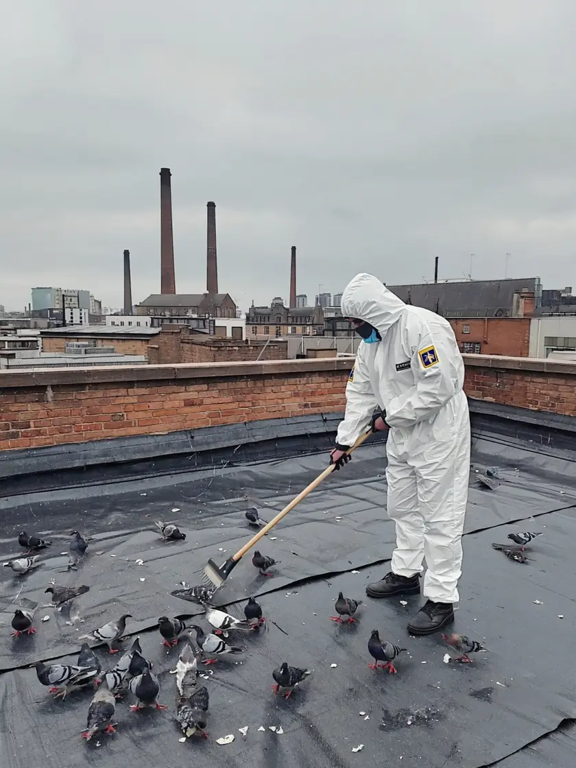 Technician scraping dried pigeon droppings from a Bradford rooftop parapet