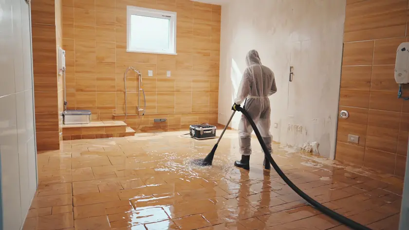 Technician guiding an extraction hose across a flooded utility room
