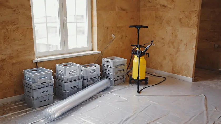 Decontamination equipment staged on protective floor sheeting