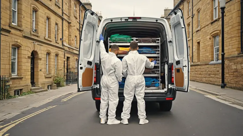 Technicians loading racked equipment into an unmarked van