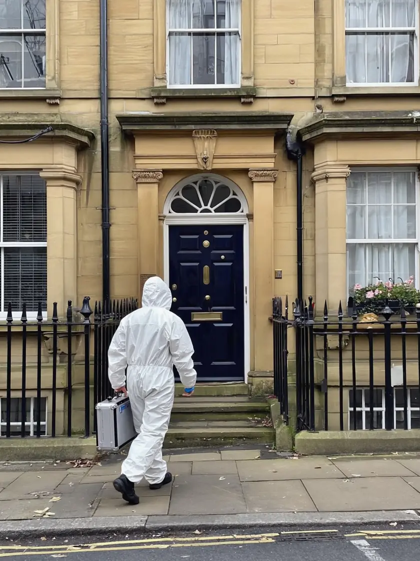 Technician in full protective equipment arriving at a Bradford property