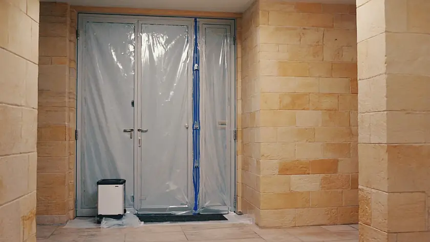 Doorway sealed with containment sheeting and air filtration running